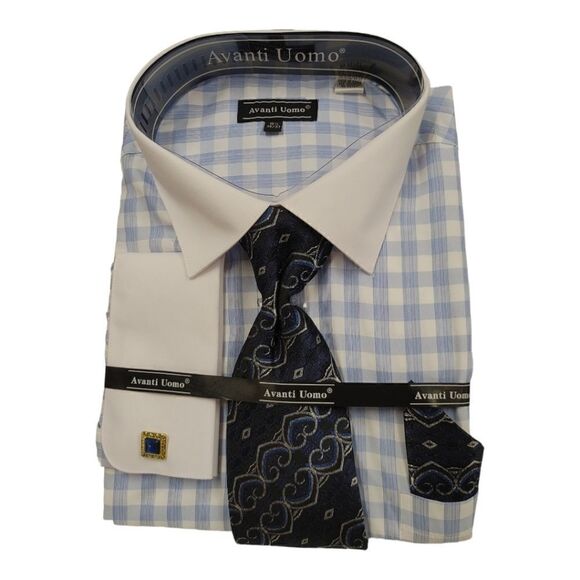 MEN'S AVANTI UOMO LT BLUE SMALL CHECK PATTERN WHITE COLLAR  FRENCH CUFFS DN1O6M - Picture 1 of 4